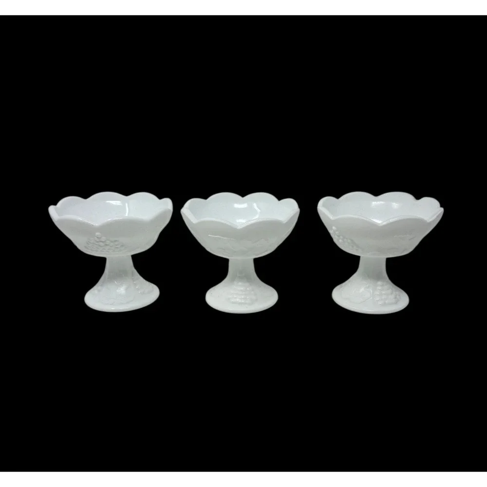 Vintage Indiana Colony Harvest Grape Milk Glass Footed Candle Holders Set 3